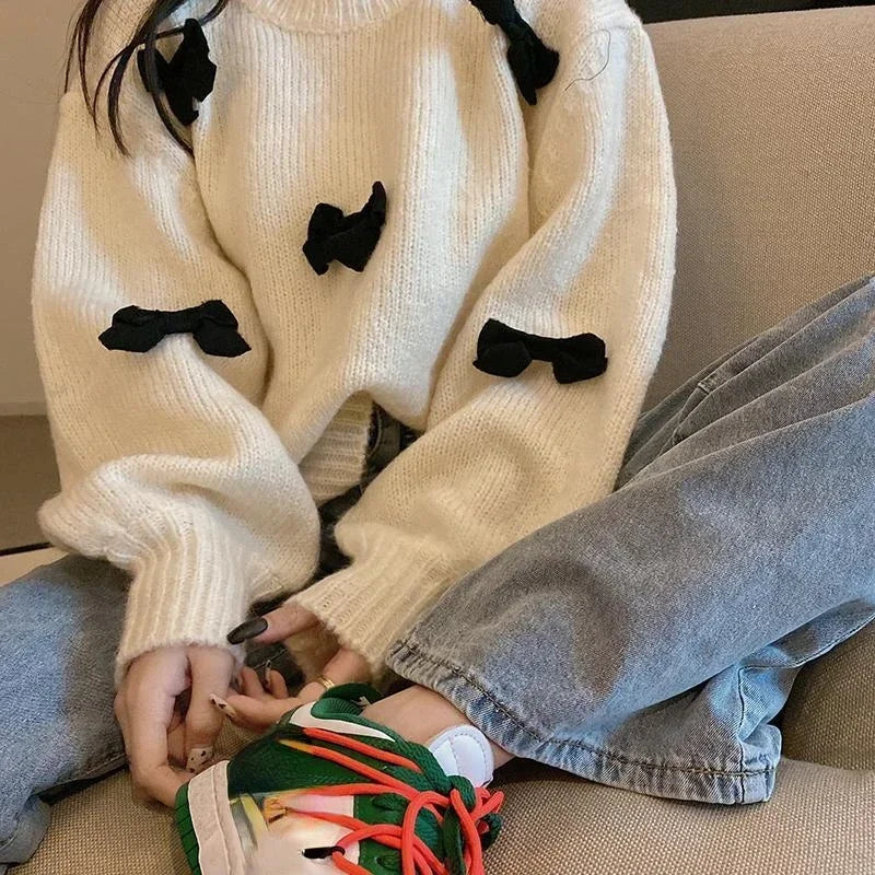 Yipinpay Sweet Sweater Pullover Women Autumn Winter Loose Bow Outwear Knitted Tops O Neck Warm Female Jumper Casual Fashion
