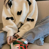 Yipinpay Sweet Sweater Pullover Women Autumn Winter Loose Bow Outwear Knitted Tops O Neck Warm Female Jumper Casual Fashion