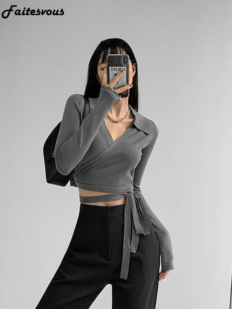 Yipinpay Waist Cross Bandage Polo Shirt Women Y2K Tops Fashion Fitness V-neck T-shirts Woman 2023 Spring Autumn