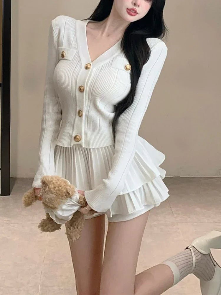 Yipinpay Summer Korea Fashion Knitted Suit Black Slim 2 Piece Skirt Set Casual Elegant Sweater + Women Outwear Casual Y2k Mini Skirt
