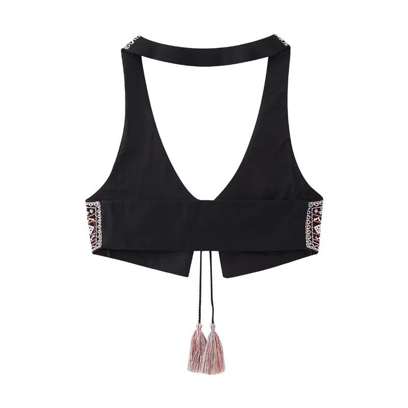 Yipinpay 2023 Embroidered Vest Woman Cropped Sleeveless Vests For Women Vintage Summer Boho Vest Women Tied Tassels Halter Crop Top