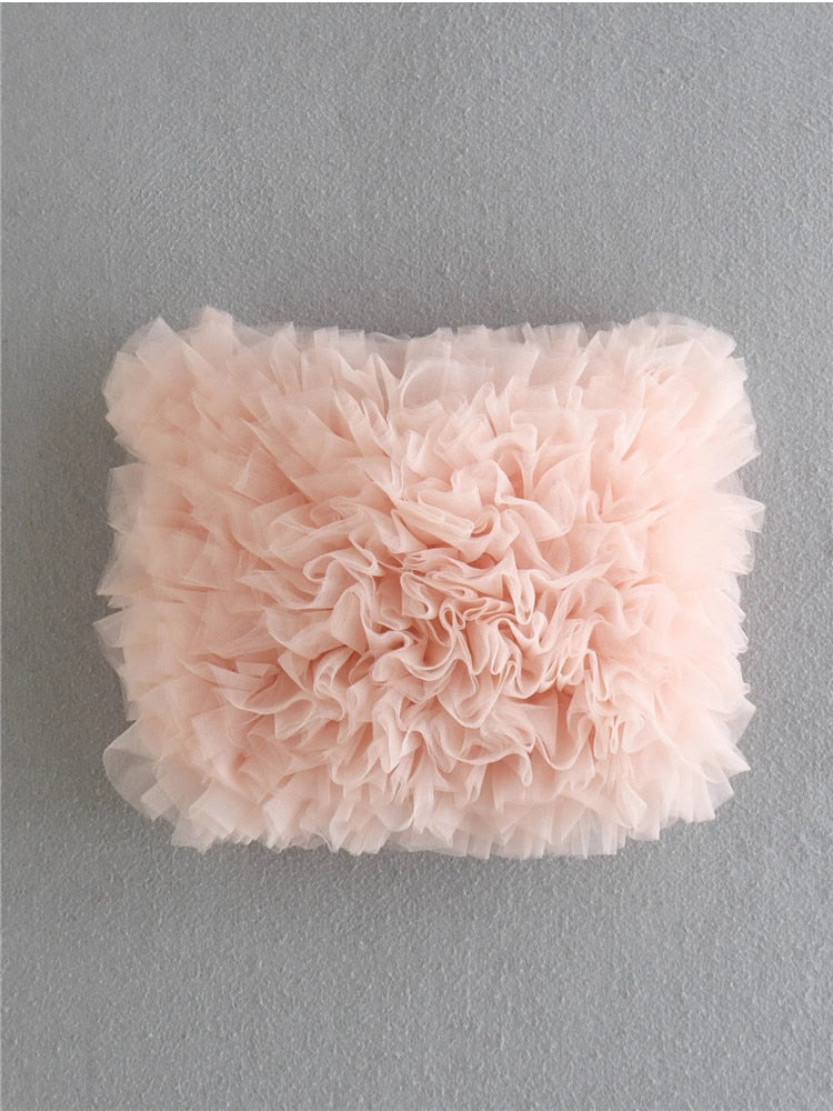 Yipinpay Pink Mesh Crop Top Women Tulle Off Shoulder Top Female Summer Sexy Tube Tops Y2k Streetwear Sleeveless Top Bustiers Corsets