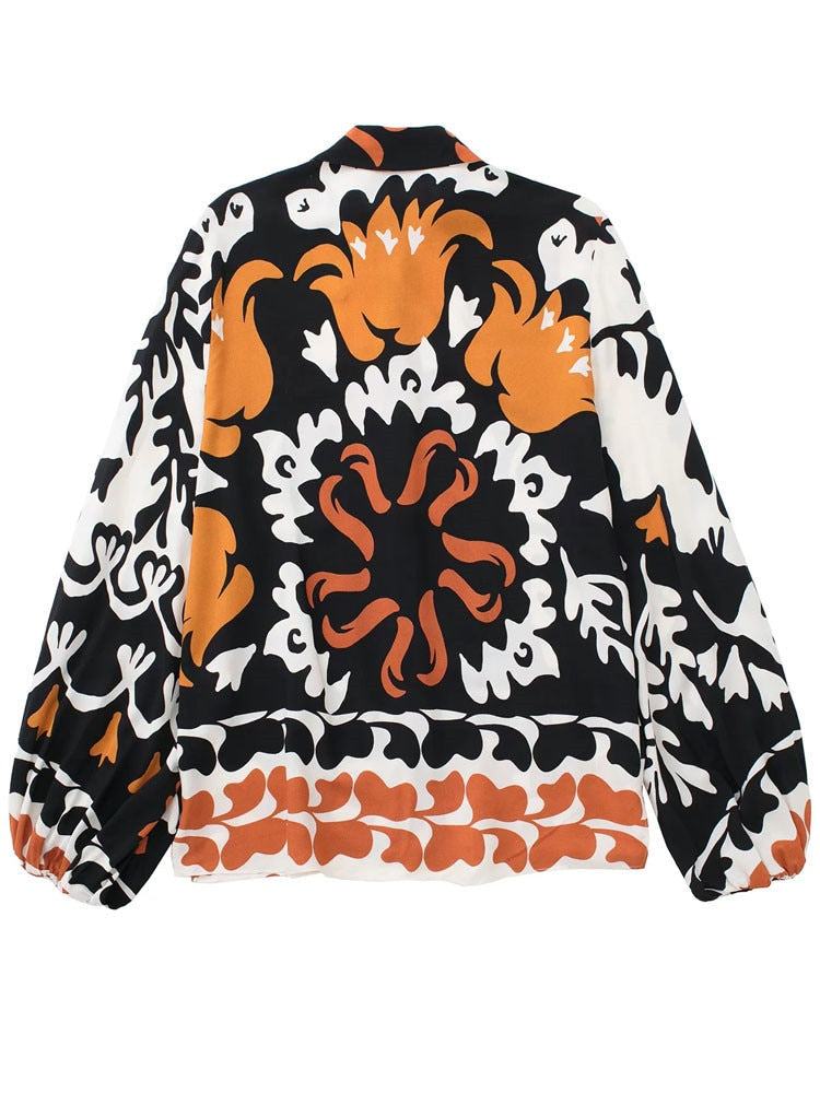 Yipinpay Women Blouse Print Button Up Shirt Woman Puff Long Sleeve Top Female Vintage Baggy Collared Shirt Fashion Streetwear Blouse