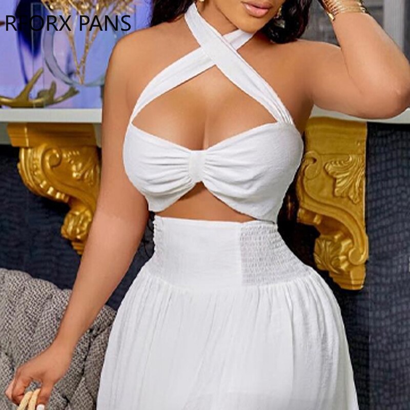 Yipinpay Women Chic Solid Halter  Crop Top Sleeveless Criss Cross High Silt Lace Up Wrap Sexy Maxi Skirt Sets