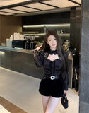 Yipinpay Shirts Women Lace Patchwork Hollow Out Long Sleeve Winter Fashion Slim Crop Tops Female Blouse French Style Chic