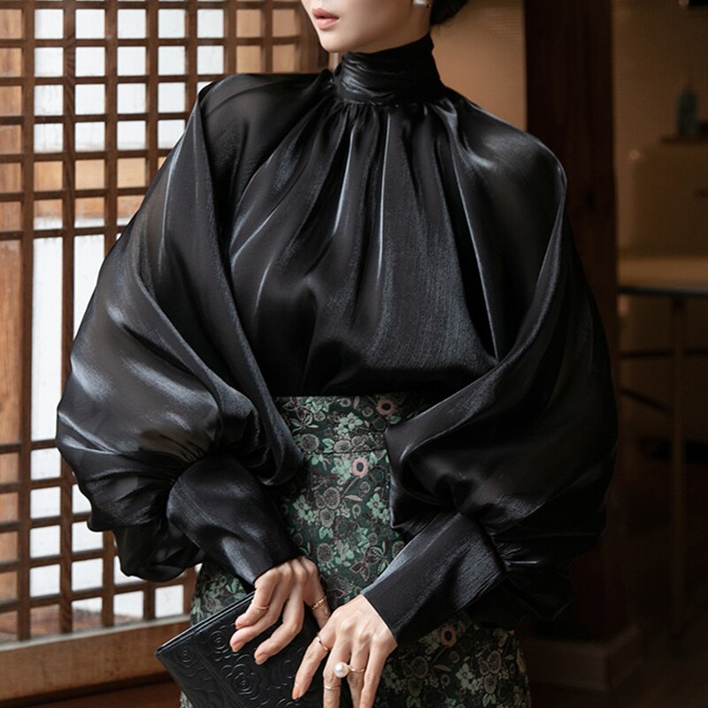 Yipinpay Fashion White Shirts Women French Loose Bow Blouse Female Elegant Turtleneck Puff Sleeve Tops 2023 New