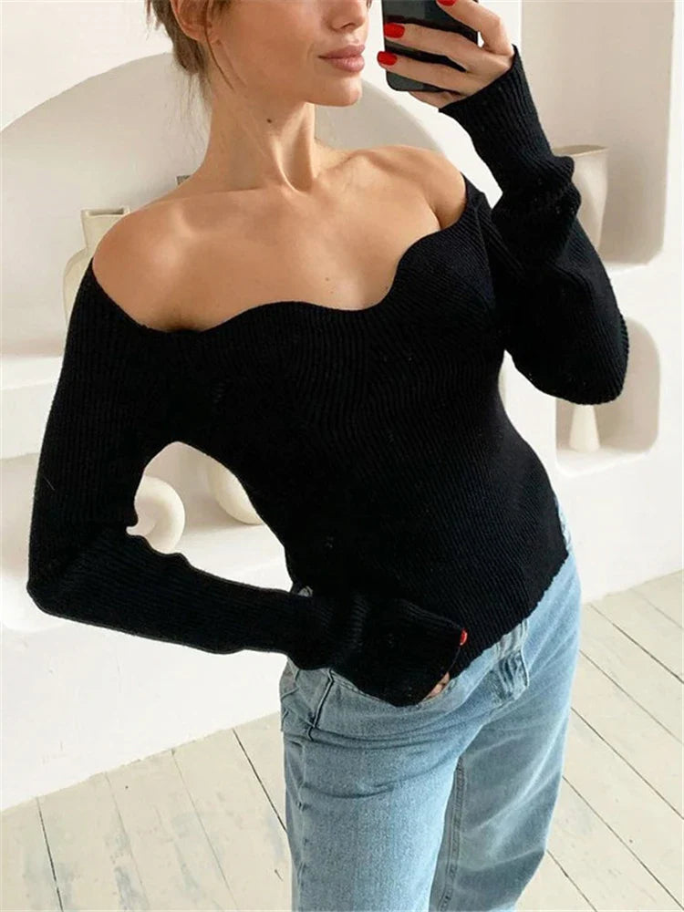 Yipinpay Long Sleeve Sweater 2024 Autumn Women Knit Ribbed Top Ladies Casual Knitted Tops Pullover Off-Shoulder Knitwear Black