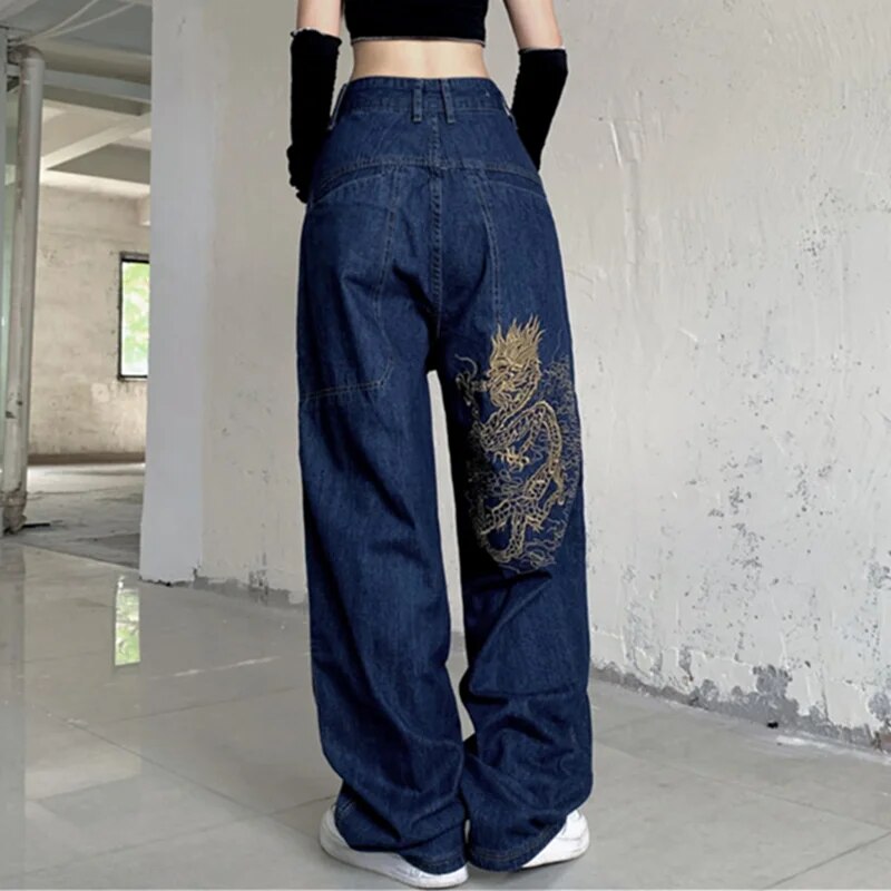 Yipinpay Jeans Women Hip Hop Retro Skull Embroidered Washed Loose Jeans 2023 New Straight Casual Wide-Leg Pants Couple Fashion Jeans 0407