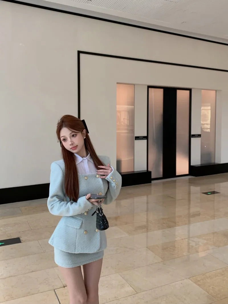 Yipinpay Hot Girl Suit for Women's Autumn/Winter Square Collar Woolen Jacket High Waisted Mini Skirt Two-piece Set Female Clothes