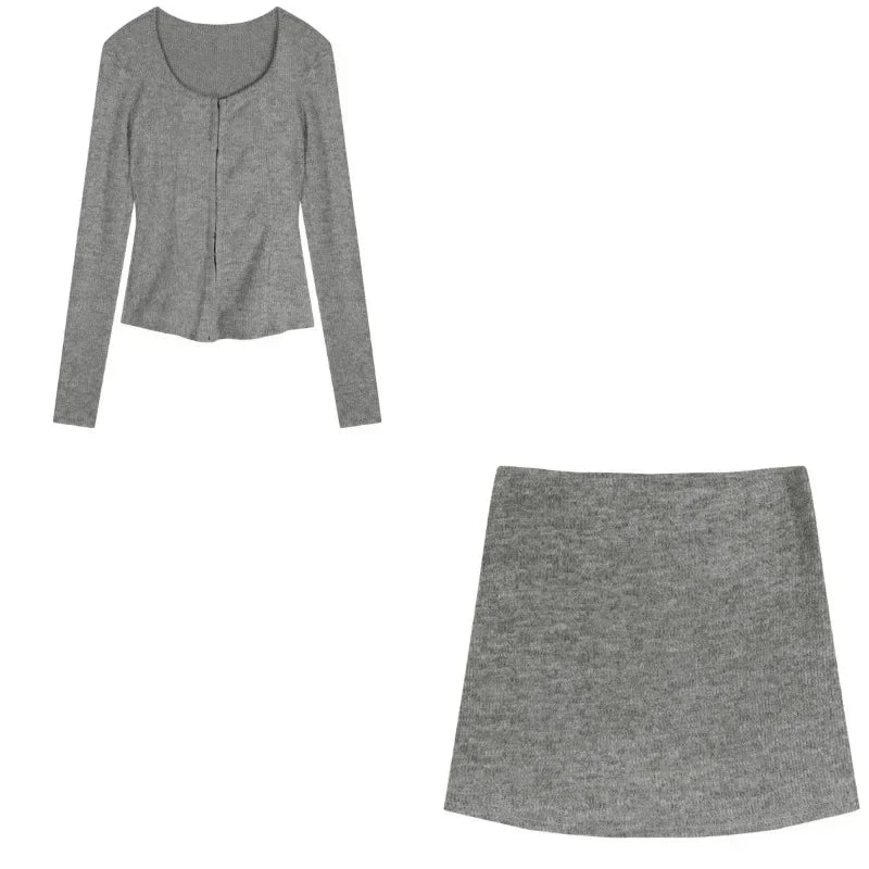 Yipinpay Autumn New Grey Casual Knitted Suits Sexy 2 Piece Skirt Set Woman Elegant Y2k Crop Tops + High Waist Slim Mini Skirt Korean