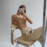 Yipinpay Street Hollow Out Halter Crop Tops Women Fashion Design Slim Long Sleeve T-shirts Grunge Clothes 2023 New