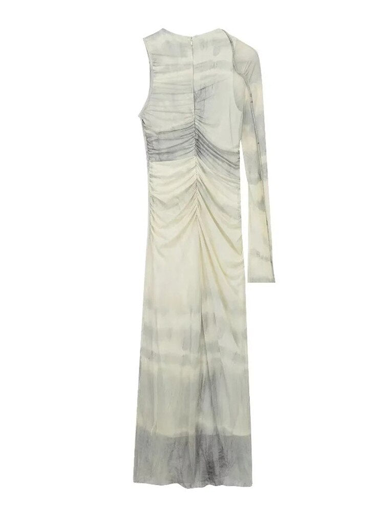 Yipinpay 2023 Printed Tulle Long Dress Women Off Shoulder Mesh Dress Woman Semi Sheer Long Sleeve Dresses Asymmetric Midi Dresses