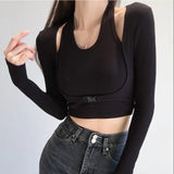 Yipinpay Two Piece Halterneck Knitted Tops Women Casual Solid Color Skinny Crop Tops Long Sleeved T-shirt Female