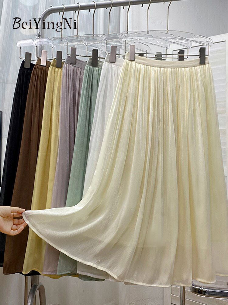 Yipinpay 2023 New Stylish Chiffon Pleated Skirt Women Solid Color Elegant Luxury Princess Fairy Midi Skirts Ladies Gentle Jupes