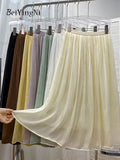 Yipinpay 2023 New Stylish Chiffon Pleated Skirt Women Solid Color Elegant Luxury Princess Fairy Midi Skirts Ladies Gentle Jupes
