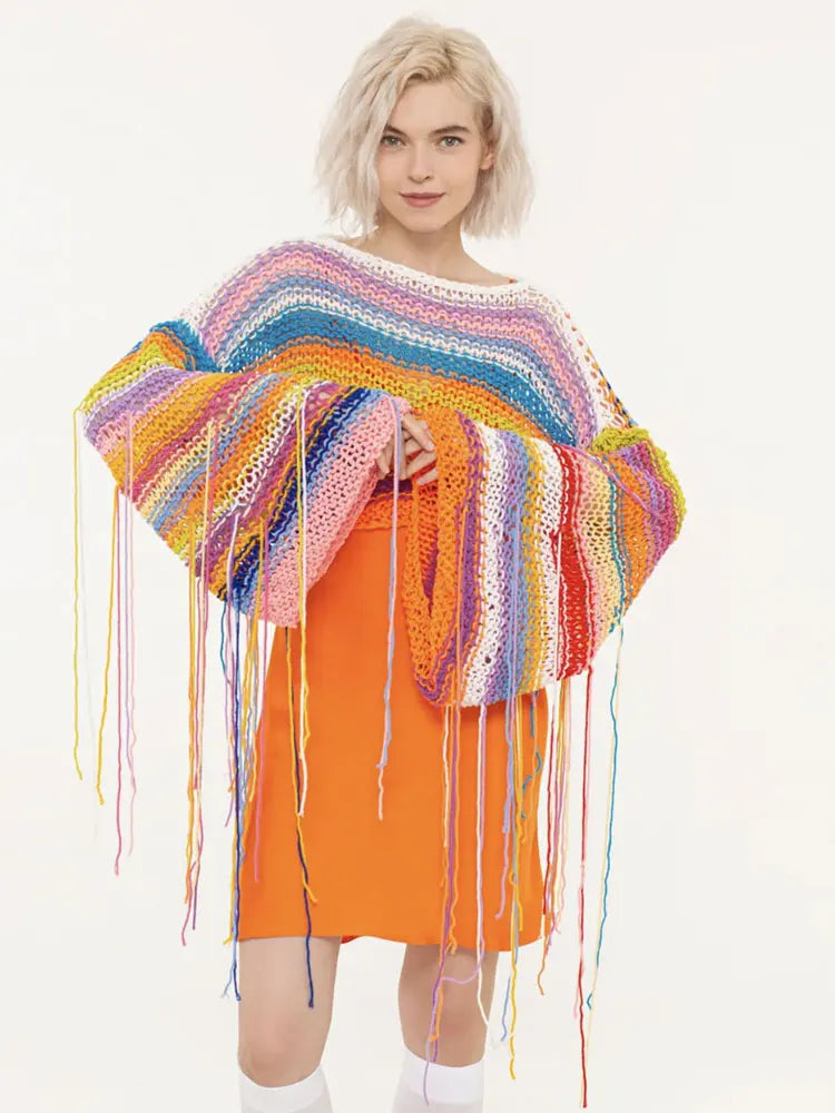 Yipinpay Tassel Contrast Holiday Sweater Pullovers For Women Loose Flared Sleeve Beach Boho Knit Female Cover up Pullover Crop top