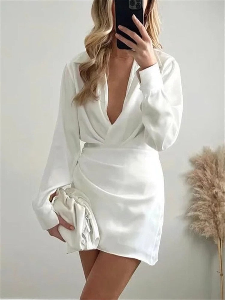 Yipinpay 2023 Satin Shirt Dress Woman Multicolor Short Dresses For Women Long Sleeve Mini Dress Elegant Casual Women's Dresses