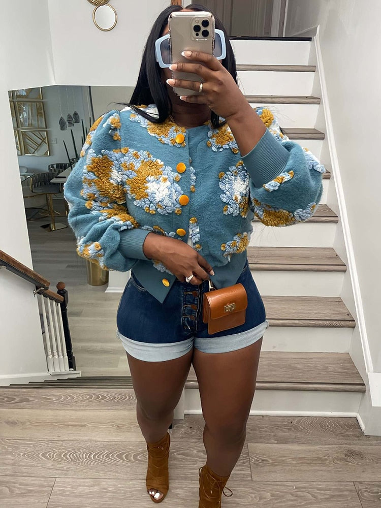 Yipinpay Cotton Rib Knit Sweater For Woman 3D Flower Single-breasted Cardigan Coat Street Temperament Casual Pull Hiver Femme