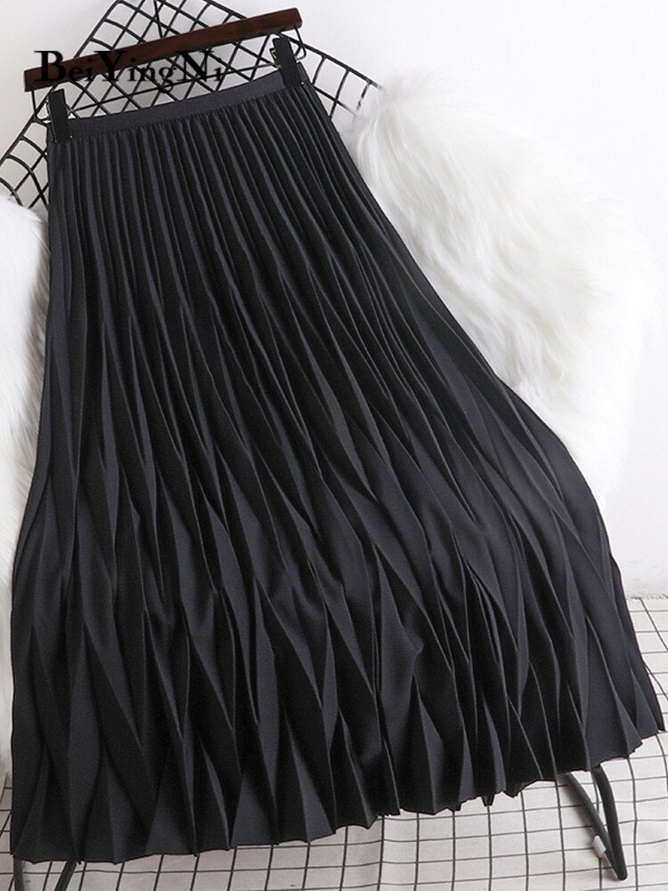 yipinpay 2023 Korean Summer Fashion Wave Pleated Long Midi Skirt Women Solid Color Casual Kawaii High Waist Mid-Calf Skirts