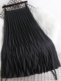 yipinpay 2023 Korean Summer Fashion Wave Pleated Long Midi Skirt Women Solid Color Casual Kawaii High Waist Mid-Calf Skirts