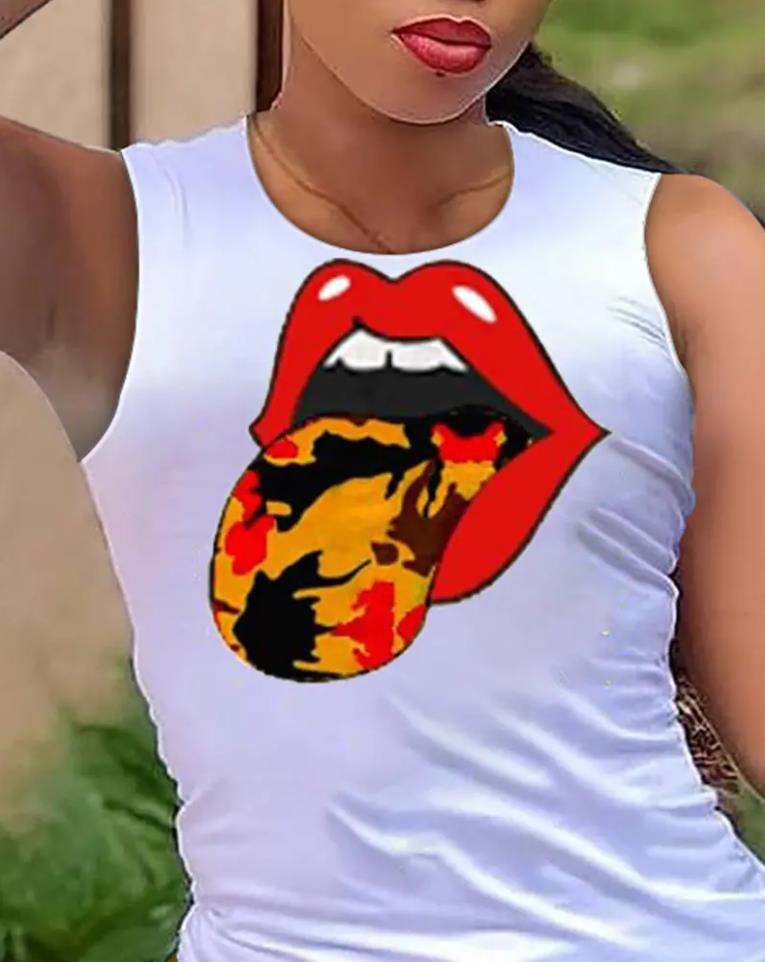 Yipinpay Women 2023 Summer Two Piece Sets Outfits Fashion Lip Print Round Neck Sleeveless Tank Top & Ink Splash Drawstring Shorts Set New