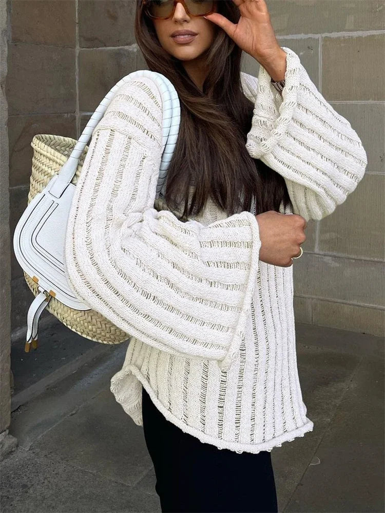 Yipinpay V-Neck Oversized Women's Sweater Long Sleeve Hollow Out Striped Knit Tops Winter 2024 Trend Casual Loose Pullover Sweaters