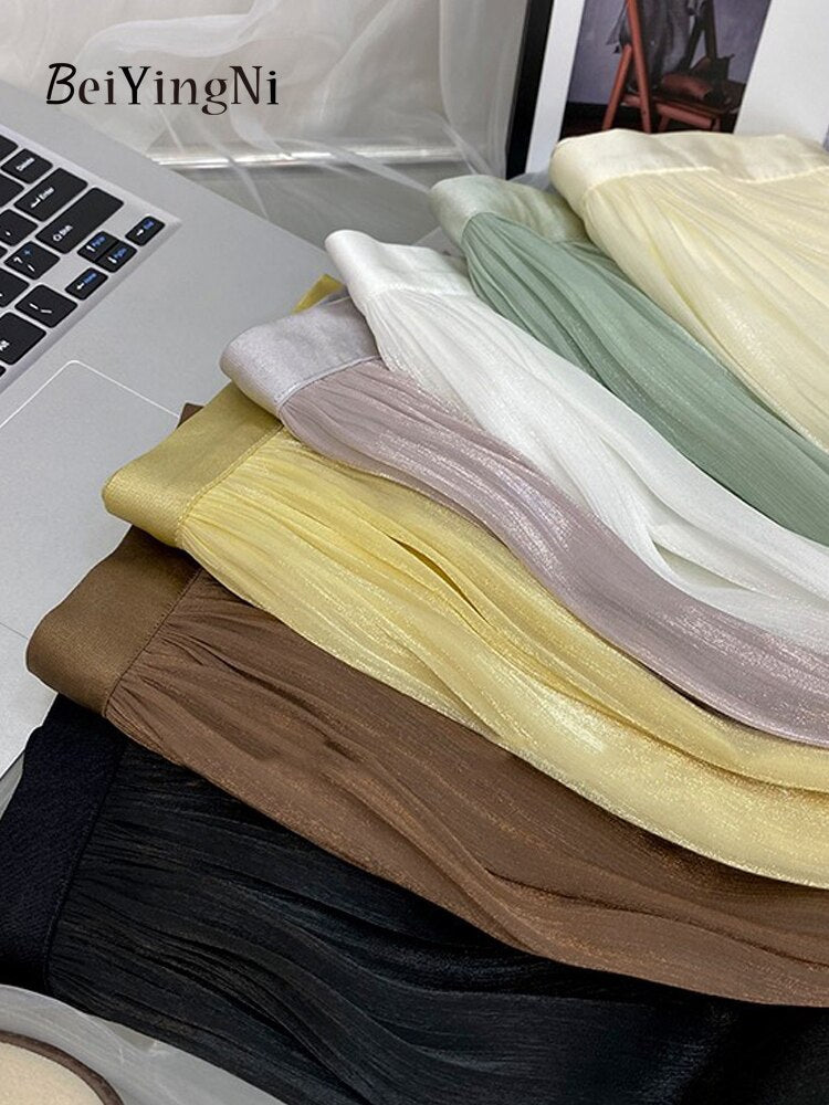 Yipinpay 2023 New Stylish Chiffon Pleated Skirt Women Solid Color Elegant Luxury Princess Fairy Midi Skirts Ladies Gentle Jupes