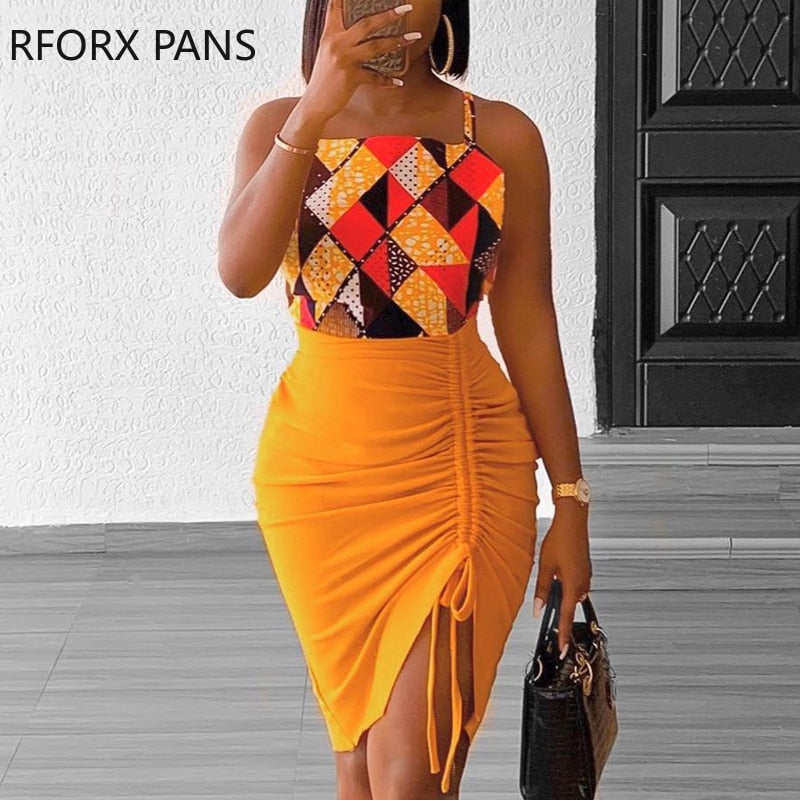 Yipinpay Women Chic All Over Print Crop Top Sleeveless Solid Shirring Bottom Sexy Bodycon Skirt Sets