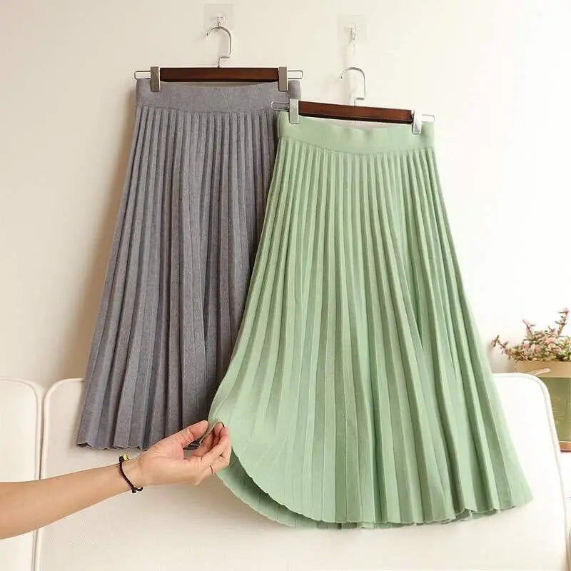 Yipinpay skirt women mid-length spring and autumn new 2024 elastic high waist thin a-line wool solid pleated long skirt female