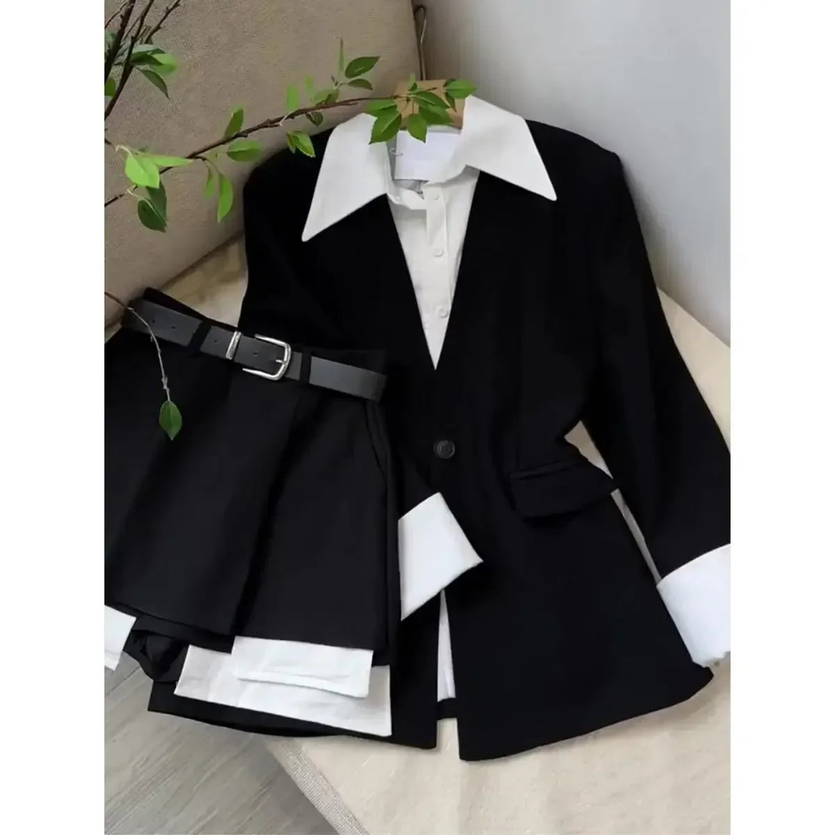 Yipinpay 2023 New Fake Two Piece Suit Jacket Top Half Skirt Shorts Wide Leg Short Pants Two Piece Set Y2k Black Blazers Shirts