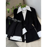 Yipinpay 2023 New Fake Two Piece Suit Jacket Top Half Skirt Shorts Wide Leg Short Pants Two Piece Set Y2k Black Blazers Shirts