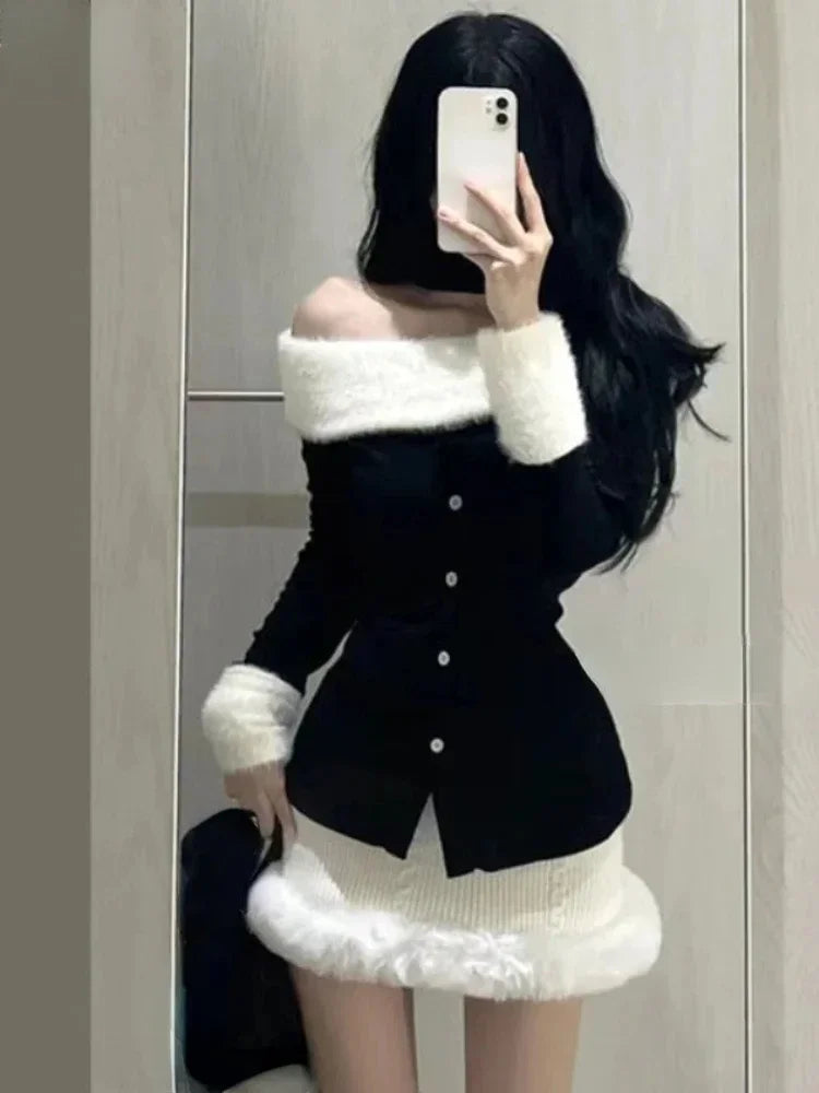 Yipinpay Girl Pure Sexy Suit Women's Autumn/Winter Off Shoulder Halter Neck Long-sleeved Top High Waist Mini Skirt Two-piece Set