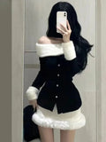 Yipinpay Girl Pure Sexy Suit Women's Autumn/Winter Off Shoulder Halter Neck Long-sleeved Top High Waist Mini Skirt Two-piece Set