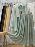 Yipinpay 2023 New Stylish Chiffon Pleated Skirt Women Solid Color Elegant Luxury Princess Fairy Midi Skirts Ladies Gentle Jupes
