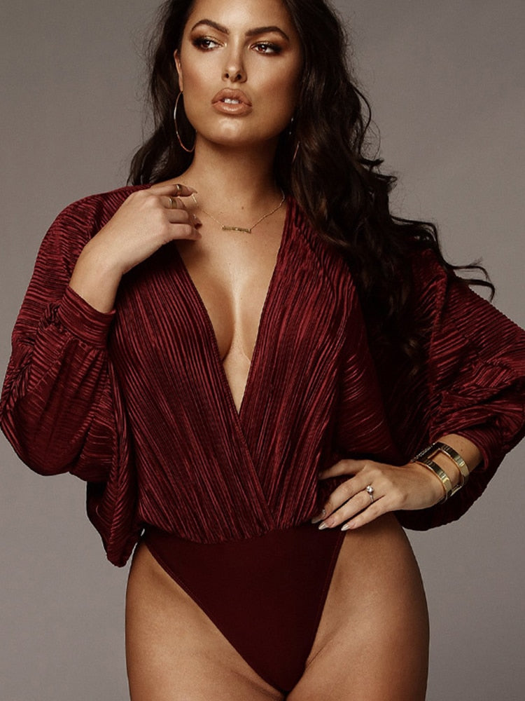 Yipinpay Deep V-Neck Pleated Sexy Bodysuit For Women Black Long Sleeve Bodysuit Rompers Femme Fall Clothing 2023 Fashion Tops