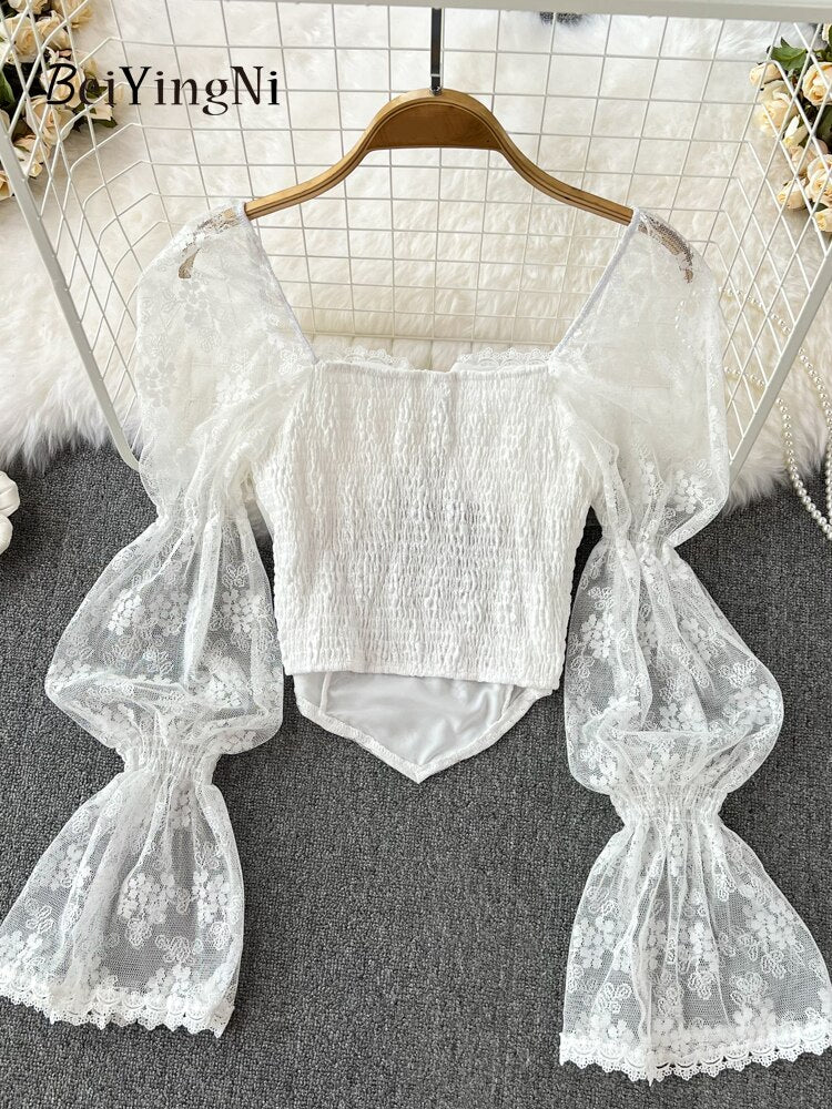 yipinpay 2023 Korean Fashion Elegant Lace Blusas Women Square Collar White Blouses Sexy Crop Top Shirts Female Black Camisas