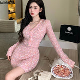 Yipinpay Piece Knit Set Women V Neck Pink Outfit Crop Top Long Sleeve +sexy Mini 2piece Skirt Sets Korean Autumn Winter Clothing