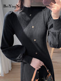 yipinpay 2023 Korean Fashion Women's Sweater Dress Buttons Autumn Knitwear Long Midi Dresses Female Winter Black Chic Vestidos
