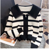 Yipinpay Women's Knitted Stripe Sweater Sweet Preppy Style Peter Pan Collar Cardigan Top Spring Autumn 2024 New Zipper Fashion Outwear