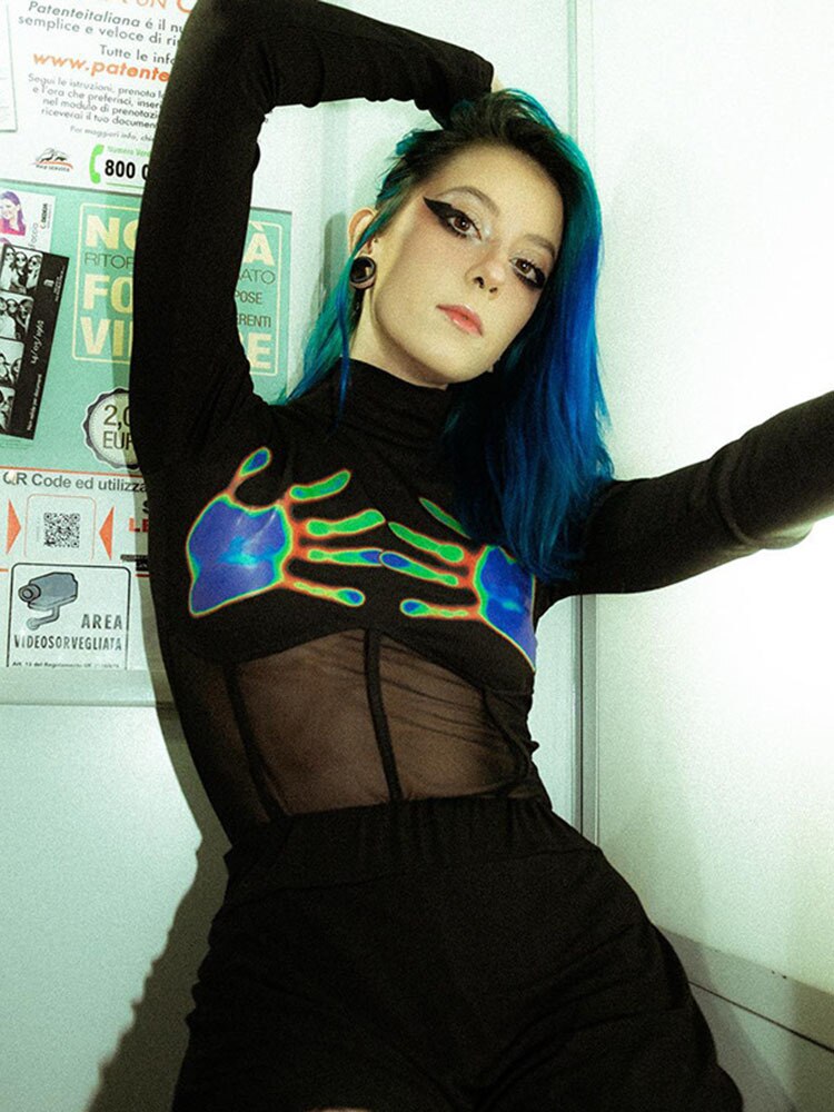 Yipinpay Pattern Print Bodysuit Women Tops High Neck Long Sleeve Slim Body Suits Femme Mesh Patchwork Casual One Piece Overalls