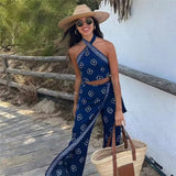 Yipinpay 2023 Print Halter Top Female Off Shoulder Crop Tops For Women Boho Sleeveless Backless Top Beach Summer Sexy Tops Woman