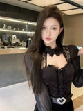 Yipinpay Shirts Women Lace Patchwork Hollow Out Long Sleeve Winter Fashion Slim Crop Tops Female Blouse French Style Chic