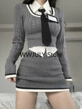 Yipinpay Knitted Suit Woman Y2k Crop Tops Sweater + Casual Shirt + Slim Bodycon Mini Skirt Korean 3 Piece Set Skirt 2024 Autumn