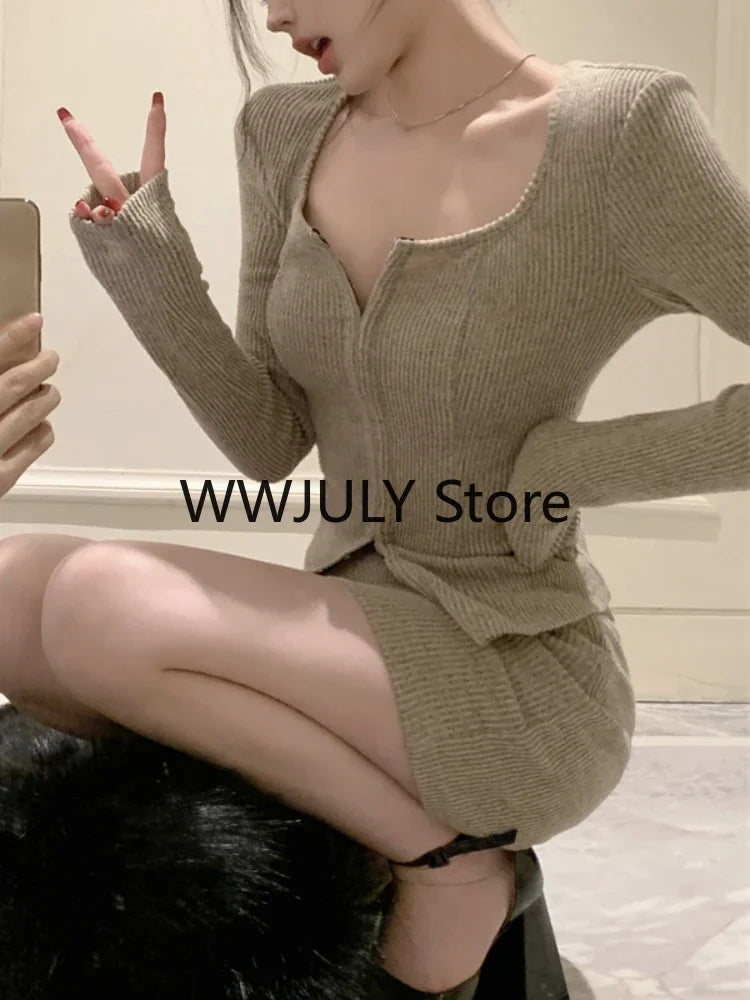 Yipinpay Autumn New Grey Casual Knitted Suits Sexy 2 Piece Skirt Set Woman Elegant Y2k Crop Tops + High Waist Slim Mini Skirt Korean