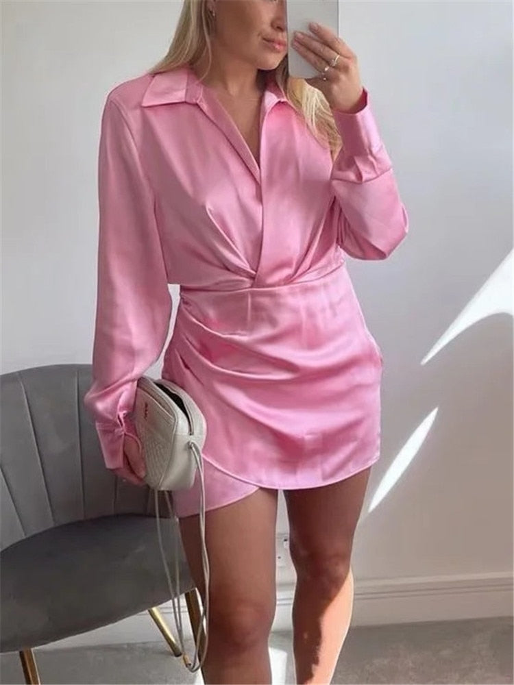 Yipinpay 2023 Satin Shirt Dress Woman Multicolor Short Dresses For Women Long Sleeve Mini Dress Elegant Casual Women's Dresses