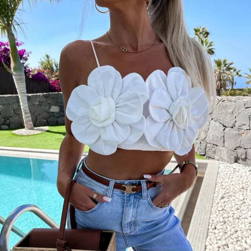 Yipinpay Flower Lace-up Spaghetti Strap Top Women White Backless Sleeveless Crop Tops 2024 Spring Summer Fashion Ladies New Sexy Vest
