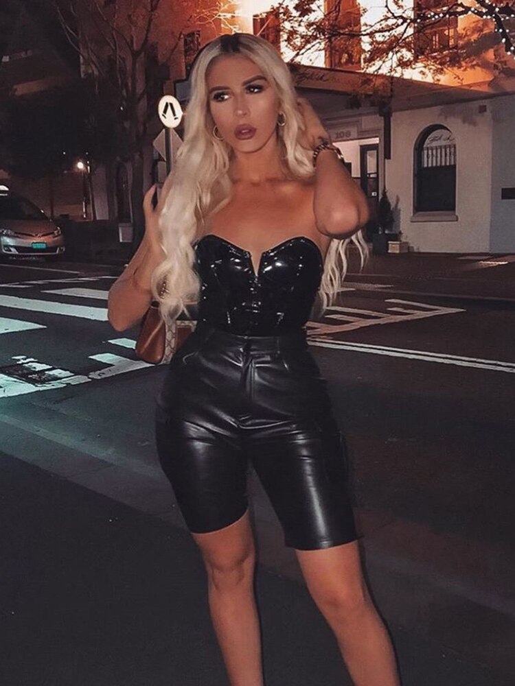 Yipinpay PU Leather Strapless Sexy Women Bodysuit Off Shoulder V-Neck Summer Romper Women Backless Black Ladies Bodysuit Top