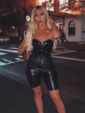 Yipinpay PU Leather Strapless Sexy Women Bodysuit Off Shoulder V-Neck Summer Romper Women Backless Black Ladies Bodysuit Top