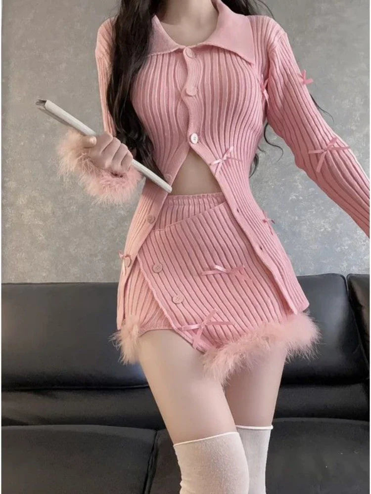 Yipinpay Autumn Pink Knitted Suit Woman Kawaii Elegant Set Korea Fashion Clothing Woman Casual Sweater + Slim Bodycon Y2k Mini Skirt