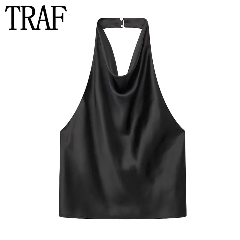Yipinpay 2023 Black Crop Top Women Satin Halter Top Female Backless Sexy Tops Woman Sleeveless Off Shoulder Top Party For Woman